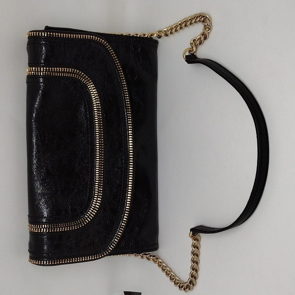 Michael Kors Naomi Black Leather Clutch with Detachable Gold‎ Chain Strap
